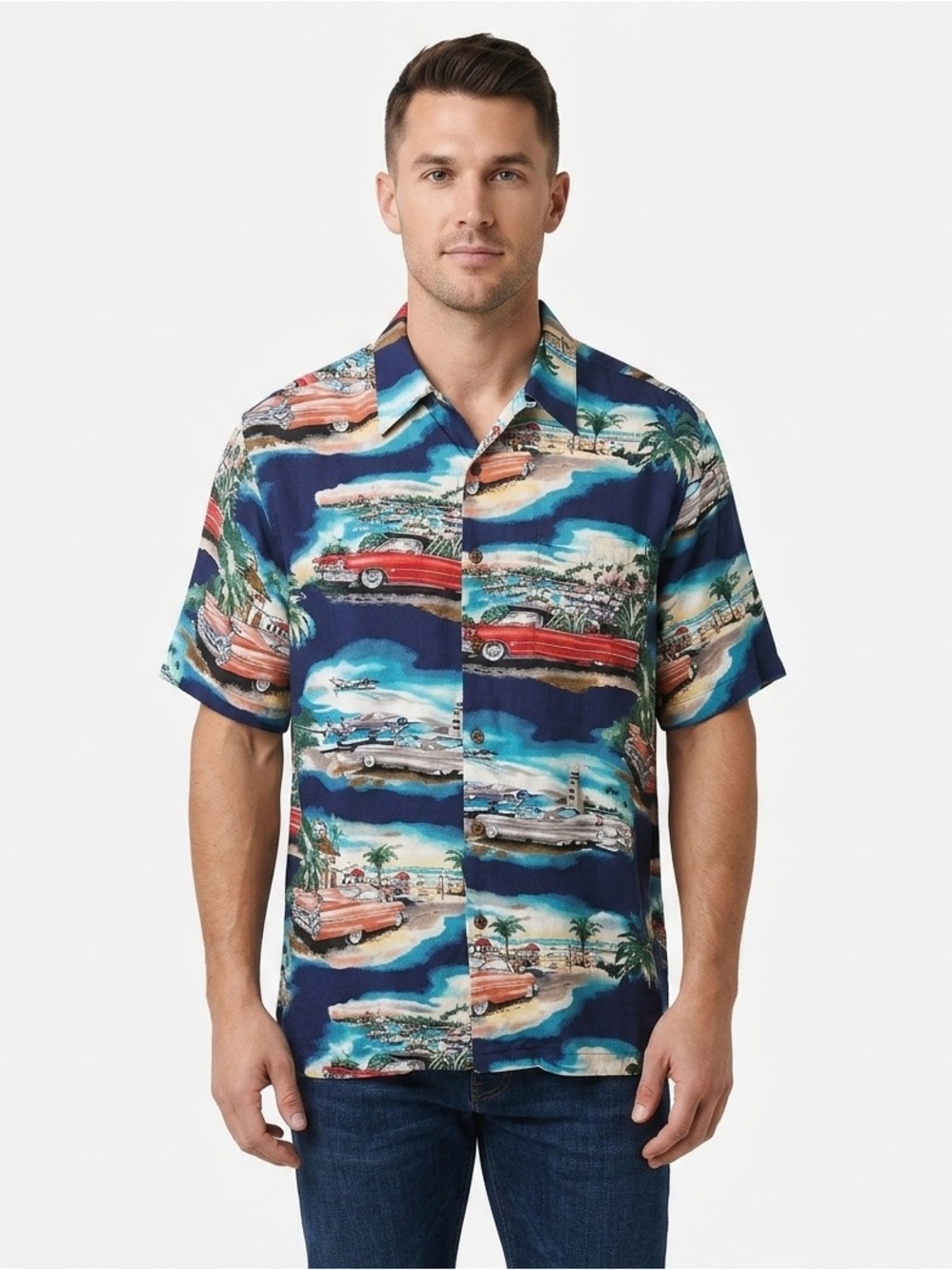 Reyn Spooner Hawaiian Cadillac Print Rayon Button Down Shirt XL Classic Car